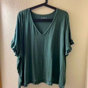 Green oversized v neck shirt with ruffle sleeves